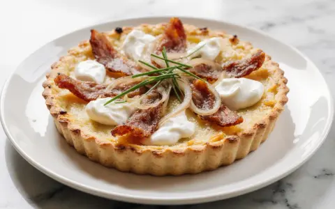 Flamenkuche maison : pâte croustillante garnie de lardons, oignons caramélisés, crème fraîche et ciboulette. Une recette simple et savoureuse.