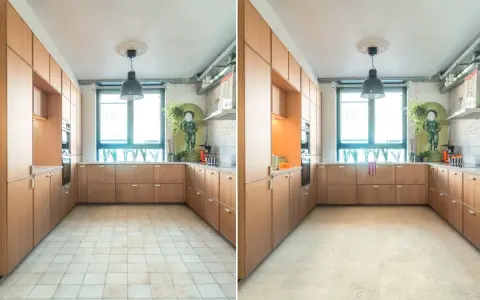 Cucina con pavimento in piastrelle trasformata in un nuovo pavimento moderno, un modo intelligente per cambiare pavimento senza tagliare porte.