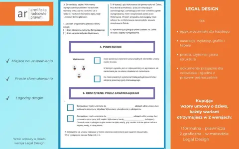 Wzór umowy o dzieło w wersji Legal Design: przejrzyste zasady, miejsce na uzupełnienia i łagodny design.