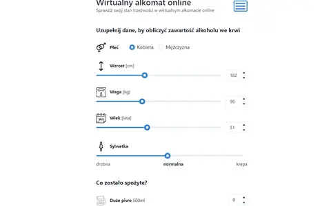 Wirtualny alkomat online do obliczania zawartości alkoholu we krwi. Uzupełnij dane: płeć, wzrost, wagę, wiek i sylwetkę, by sprawdzić swój stan trzeźwości. Wynik podawany jest w mg/l na promile.