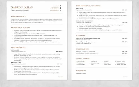 CV darmowe: CV Sabriny Khan, specjalistki ds. pozyskiwania talentów, z doświadczeniem w HR, rekrutacji i zarządzaniu pracownikami.
