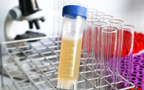 Laborröhrchen mit gelblicher Flüssigkeit, die auf erhöhten Protein im Urin hinweisen könnte. Im Hintergrund ein Mikroskop.