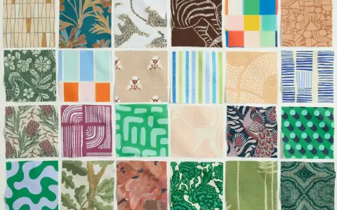A grid of fabric swatches showcasing diverse fabric patterns: animals, geometric shapes, floral designs, and abstract art.