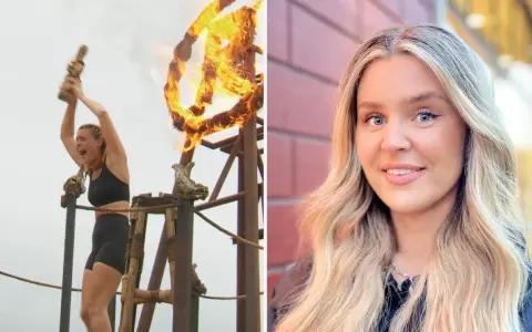Glädjetjut och eld! En kvinna firar sin seger som Robinson vinnare. Bredvid syns en närbild på hennes leende ansikte.