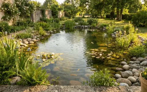 Magnifique aménagement bassin de jardin avec nénuphars, poissons dorés et végétation luxuriante. Un havre de paix naturel.