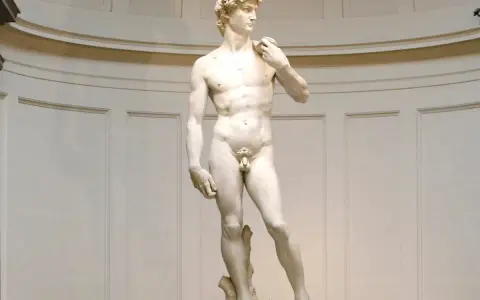 Le David de Michel-Ange, statue de marbre blanc, représente un jeune homme musclé, prêt à affronter Goliath.