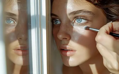 Une main applique un fard lumineux sous l'œil d'une jeune femme aux yeux bleus, pour faire un contouring subtil.