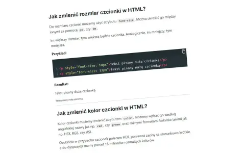 Jak zmienić czcionkę HTML? Przykład kodu pokazuje, jak ustawić rozmiar tekstu na 18px i 12px.