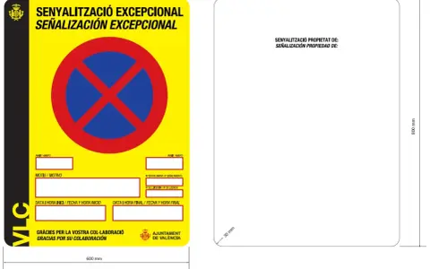 Señalización excepcional de prohibido estacionar, con campos para motivo y fechas. Normativa municipal.