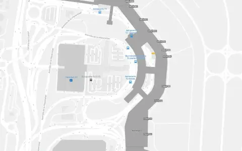 Szczegółowa mapa lotniska Madryt z zaznaczonymi terminalami, parkingiem P2 i drogami. To jest mapa metra Madryt.