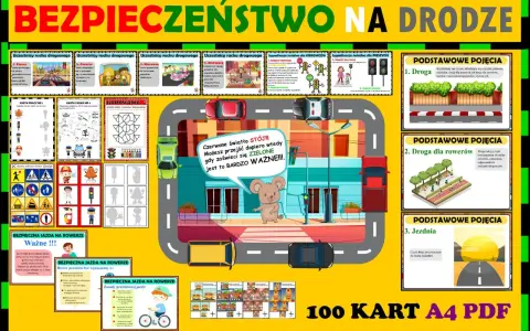 Ilustracja edukacyjna "Bezpieczeństwo na drodze" z zasadami ruchu drogowego dla dzieci, sygnalizacją świetlną i znakami.