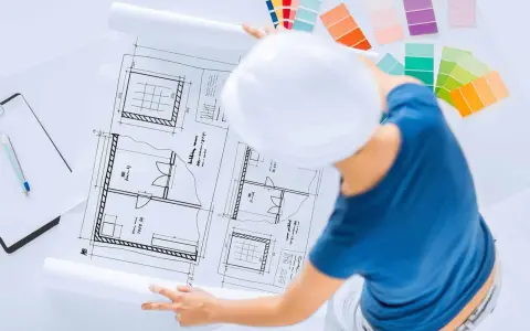 Pracownia znanych projektantów wnętrz: szkice planów, palety kolorów i biały kask.