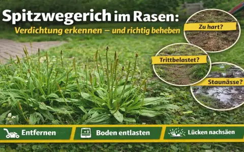Breitwegerich im Rasen: Verdichtung erkennen und beheben. Bilder zeigen zu harte Erde, Trittbelastung und Staunässe. Tipps: Entfernen, Boden entlasten, Lücken nachsäen.
