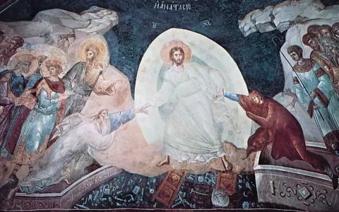 Resurrection scene: Christ pulls Adam and Eve from a tomb, symbolizing liberation from purgatory.