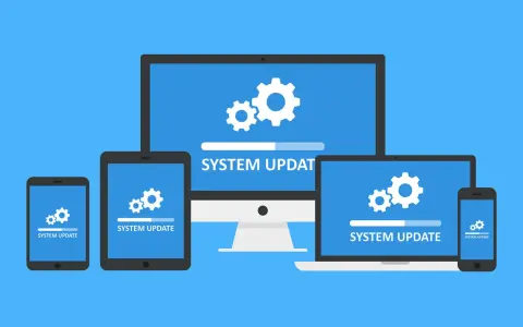 Mehrere Geräte zeigen "SYSTEM UPDATE" mit Zahnrädern und Fortschrittsbalken an. Ein winget upgrade ist im Gange.