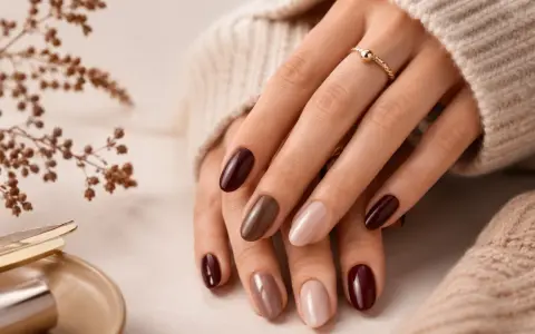 Mani curate con smalti color terra e bordeaux, un'anticipazione delle unghie inverno 2026. Un anello dorato completa il look.