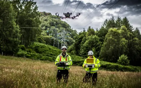 Two technicians in high-visibility jackets operate a power line drone in a grassy field, with a transmission tower and trees in the background.