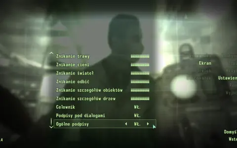 Menu ustawień gry Fallout 3 GOTY. Widać opcje graficzne, dźwiękowe i sterowania, a także możliwość włączenia polskich napisów.