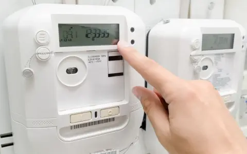 Palec naciska przycisk licznika energii elektrycznej, sprawdzając opłatę mocową.