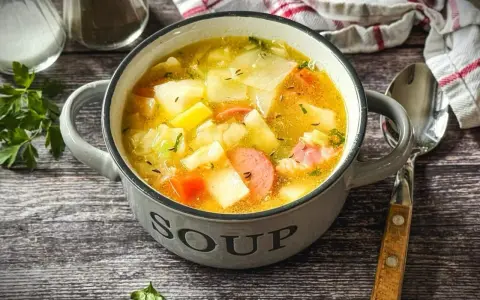 Herzhaftes Kohlsuppe Rezept mit Kartoffeln und Wurst in einer grauen Schüssel, bereit zum Genießen.