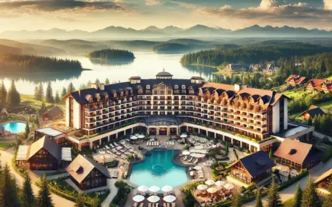 Luksusowy resort w otoczeniu gór i lasów, z basenem i licznymi domkami. To miejsce, gdzie można odpocząć i poczuć, co to znaczy resort.