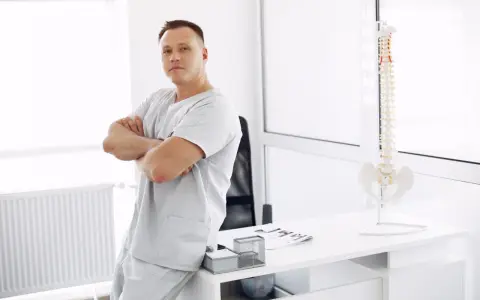 Mężczyzna w uniformie medycznej opiera się o biurko, na którym stoi model kręgosłupa. To przyszły absolwent wyższej szkoły rehabilitacji.