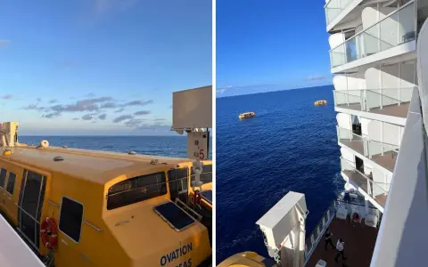 Vista da una nave da crociera: da un lato una scialuppa gialla, dall'altro il mare con altre scialuppe e balconi. Meglio cabina poppa o prua?
