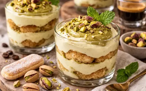 Schichtdessert mit Mascarpone-Creme, Löffelbiskuits und Pistazien, garniert mit Minze. Ein köstliches Mascarpone-Dessert.