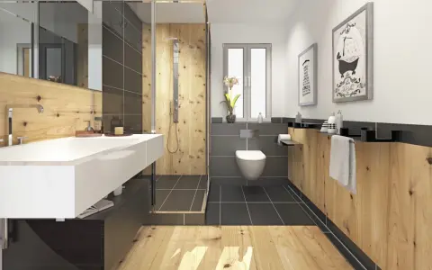 Salle de bain moderne avec murs en bois chaleureux, douche à l'italienne, lavabo suspendu et WC. L'ambiance naturelle du bois pour salle de bain invite à la détente.