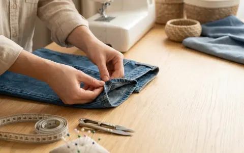 Händer syr upp jeans. Verktyg som måttband, nåldyna och sax ligger på bordet, vilket visar olika sätt att lägga upp maskor för ett perfekt resultat.