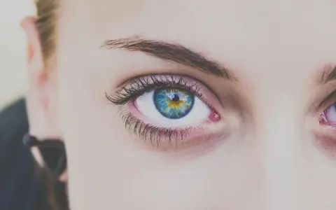 Ojo con iris azul y amarillo, pestañas largas y cejas definidas tras un laminado de cejas.
