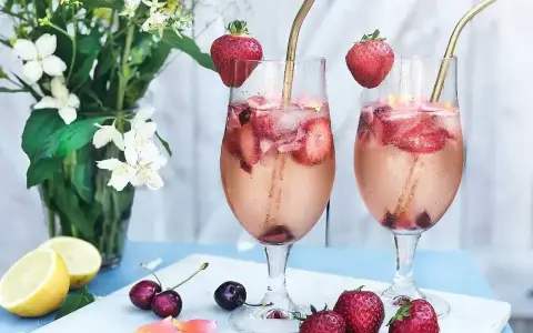 Två glas med ett uppfriskande drink med gin, fyllda med is, jordgubbar och körsbär. En perfekt sommardrink!