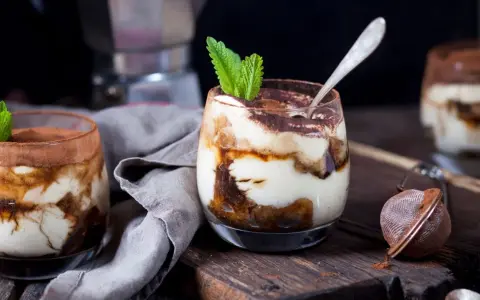Pyszne tiramisu w pucharkach, udekorowane listkiem mięty, na drewnianej desce.
