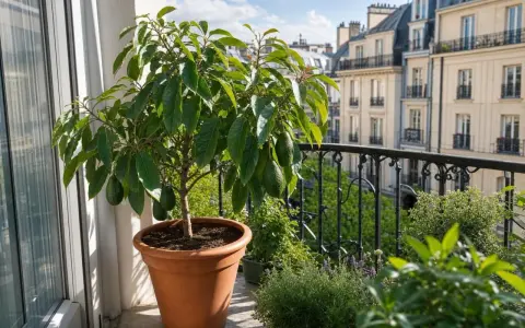 Un jeune arbre avocat, chargé de fruits verts, prospère sur un balcon parisien, offrant une touche de verdure luxuriante.