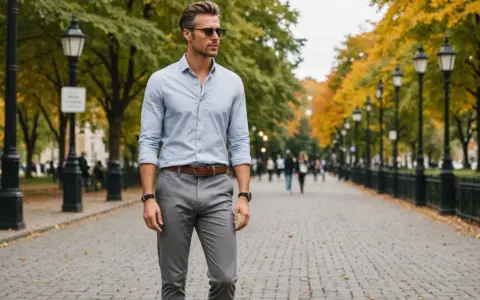 Eleganckie szare spodnie stylizacje na jesienny spacer. Mężczyzna w błękitnej koszuli i szarych spodniach, otoczony złotymi liśćmi.