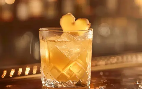 Ett glas med is och en gyllene ginger ale, garnerad med en ingefärskärna.