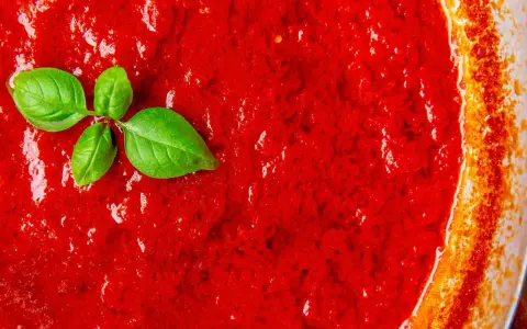 Leuchtend roter Sugo di Pomodoro mit frischen Basilikumblättern, bereit für Pasta.
