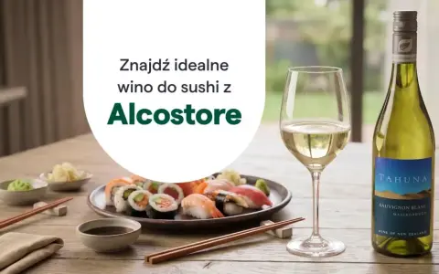 Idealne wino do sushi czeka! Zobacz, jakie wino do sushi wybrać z Alcostore. Na stole sushi, sos sojowy, wasabi i kieliszek białego wina.
