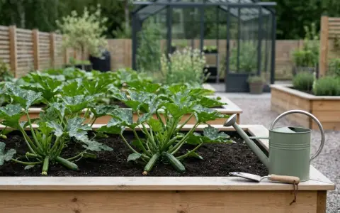 En frodig zucchini planta i en upphöjd bädd, redo för skörd. En grön vattenkanna och spade står redo.