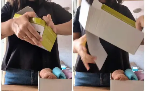 Come sistemare le scarpe con le scatole: una persona apre una scatola, rivelando un interno organizzato con calzini piegati.