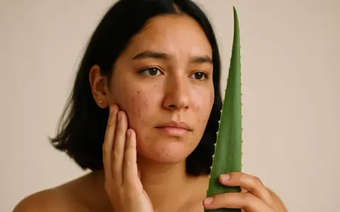 Donna con brufoli da stress sul viso, che tiene una foglia di aloe vera.