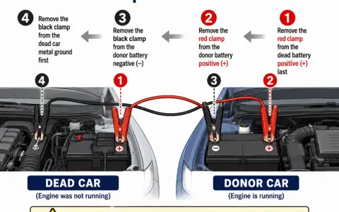 Diagram shows disconnecting jumper cables in reverse order: remove black clamp from dead car ground first, then black from donor, red from donor, and finally red from dead car.