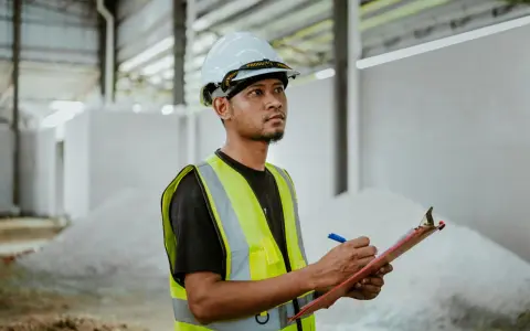 Un ingeniero de estructuras con casco y chaleco reflectante anota datos en una libreta, supervisando la construcción.