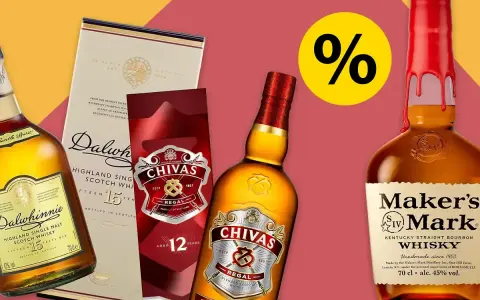 Flaschen Dalwhinnie und Chivas Regal, die zeigen, was bedeutet Single Malt Whisky. Prozent-Symbol für Angebot.