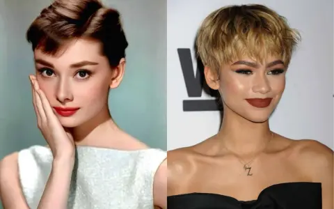 Audrey Hepburn y Zendaya, dos íconos de estilo, comparadas con un pixie cut largo y peinados clásicos.