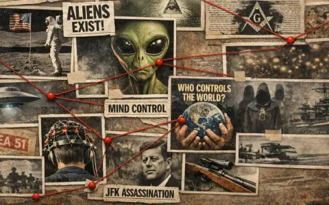 Plakaty z filmów o teoriach spiskowych: kosmici, Area 51, kontrola umysłu, JFK, masoni i tajemnicze postacie.