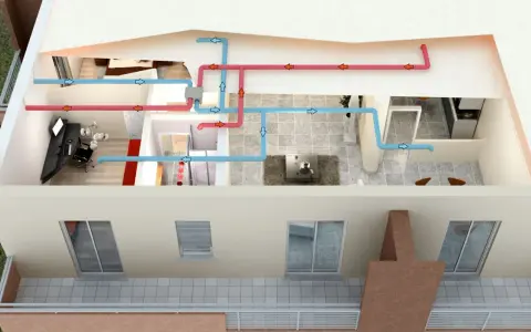 Schema di un sistema di ventilazione naturale con tubi blu per l'aria fresca e rossi per l'aria calda che attraversano le stanze di una casa.