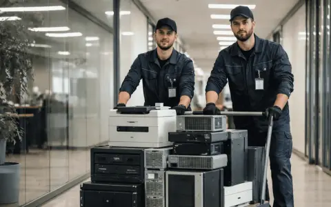 Dwóch pracowników w uniformach transportuje wózek z komputerami i drukarką. To profesjonalna utylizacja sprzętu elektronicznego w firmie.