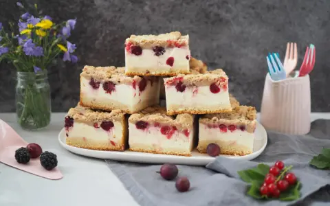 Stapel von saftigen Kuchenstücken mit Beeren und Streuseln – ein erfrischender Sommerkuchen, der Lust auf mehr macht.