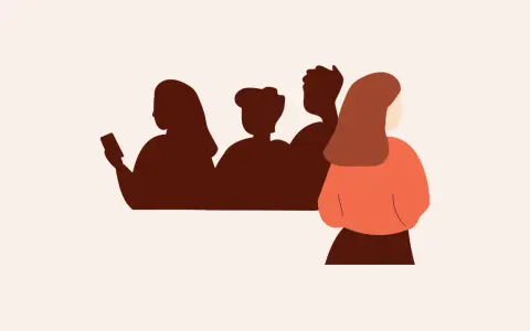 En kvinna vänder ryggen åt en grupp silhuetter, en av dem tittar på sin telefon. Ibland duger inte ens det.